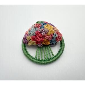 Vintage 1960s Handmade Fiber Art Brooch Woven Thread Floral Bouquet Pin